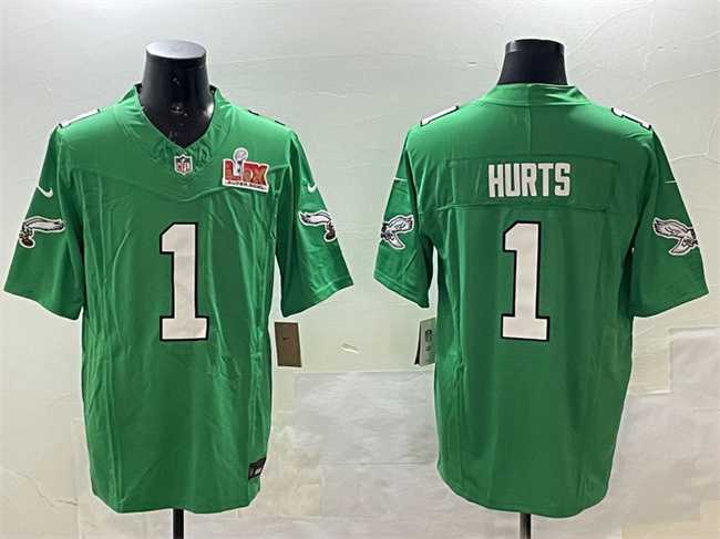Mens Philadelphia Eagles #1 Jalen Hurts Green 2025 Super Bowl LIX Patch F.U.S.E. Throwback Vapor Untouchable Limited Stitched Jersey